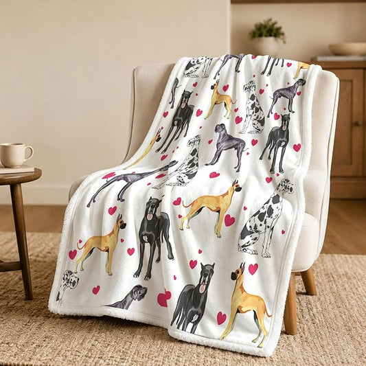 BlessLiving Great Dane White Throw Blanket with Dense Black Dog Patterns Sherpa Fleece Blanket Couch Bed, Soft Cozy Warm Pet Blankets for Puppy Lovers Cute Animal Print Gift 50x60 Inches