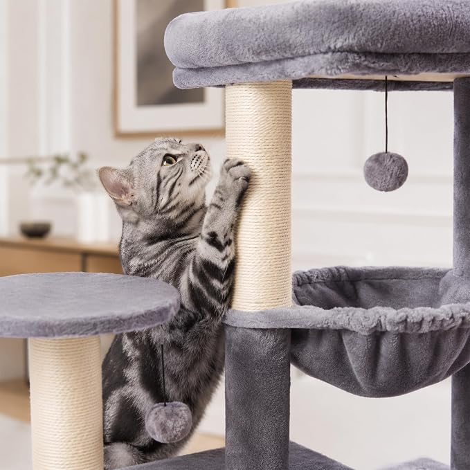 Multi-Level Cat Tree for Indoor Cats, Cat Tree Tower with Big Cat Hammock, Indoor Climbing Activity Tower with Scratching Posts, Grey