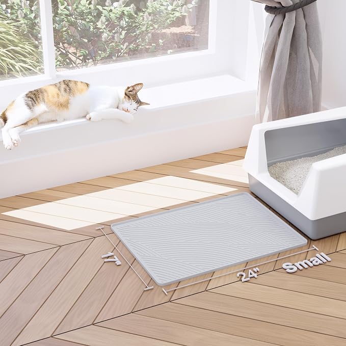 Cat Litter Box Mat - SM Small Medium Size 24 x 17 in, Water Proof, Kitty Litter Trapping Mat, Easy to Clean, Scatter Control, Odorless, Pet Supplies for Indoor Cats, Light Gray