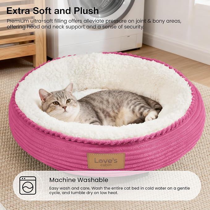 Love's cabin Round Donut Cat and Dog Cushion Bed, 20in Pet Bed for Cats or Small Dogs, Anti-Slip & Water-Resistant Bottom, Super Soft Durable Fabric Pet beds, Washable Luxury Bed Hot Pink