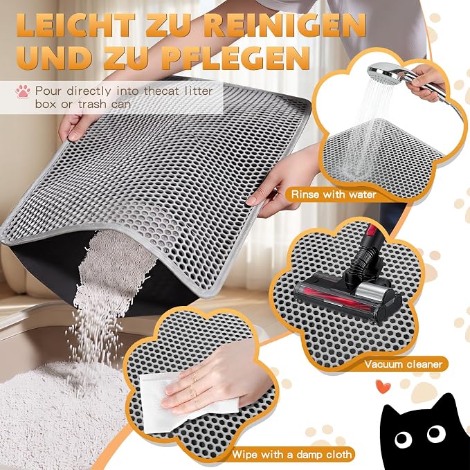 Cat Litter Mat 46"x26", Double Layer Waterproof Litterbox Mat, Gray | Non-slip backing, washable for easy cleanup, traps stray litter with waterproof honeycomb large grid that is urine-proof.