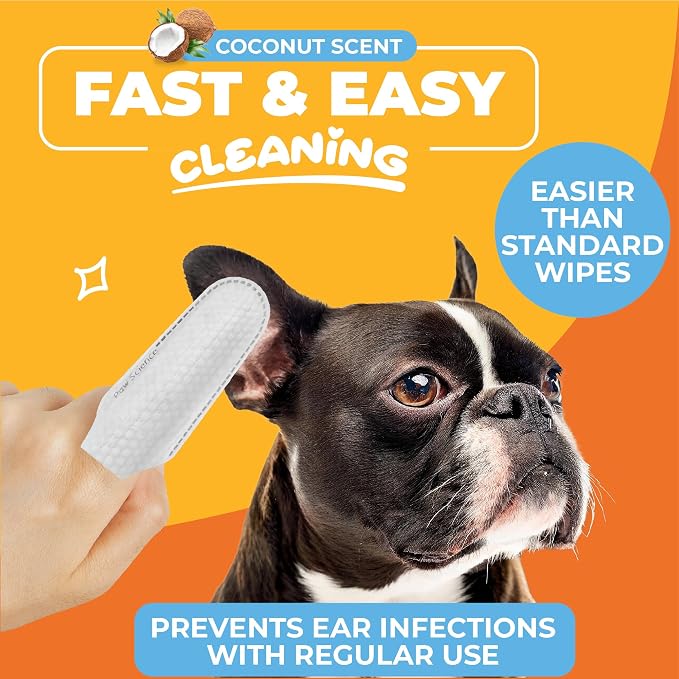Dog Ear Cleaner Wipes – Finger Wipes for Dogs & Cats – Cleaning, Soothing, & Deodorizing Itchy Ears – Pet Ear Relief Solution (Coconut)