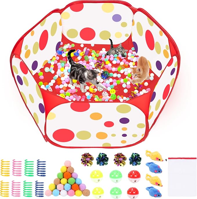 Cat Ball Pit for Cats, Include 226 Pcs Interactive Cat Toy for Indoor Kittens, Cat Enrichment Toys for Bored Indoor Cats Self Play Kitty Toys Bundle Pack Entertainment (Red)