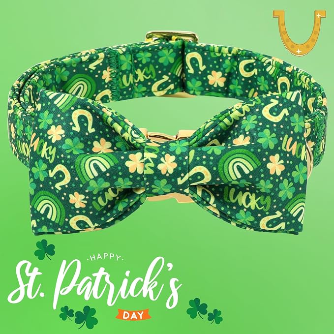 DOGWONG St. Patrick's Day Dog Collar with Bow Tie- Lucky Shamrock Bowtie Collar for Girl Boy Dog, Trefoil Dogs Collars Durable Adjustable, M