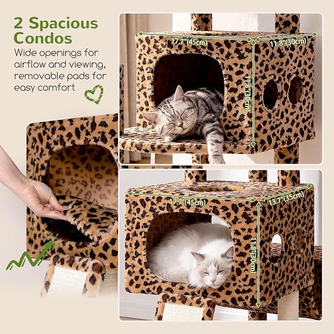 Globlazer 83inch Sturdy Multi-Level Tall Cat Tower, S83G, Leopard Print | Extra Large Heavy Duty Cat Tree for Indoor Large Adult Cats Kittens with 2 Cat Condo, 8 Scratching Post, 2 Hammock