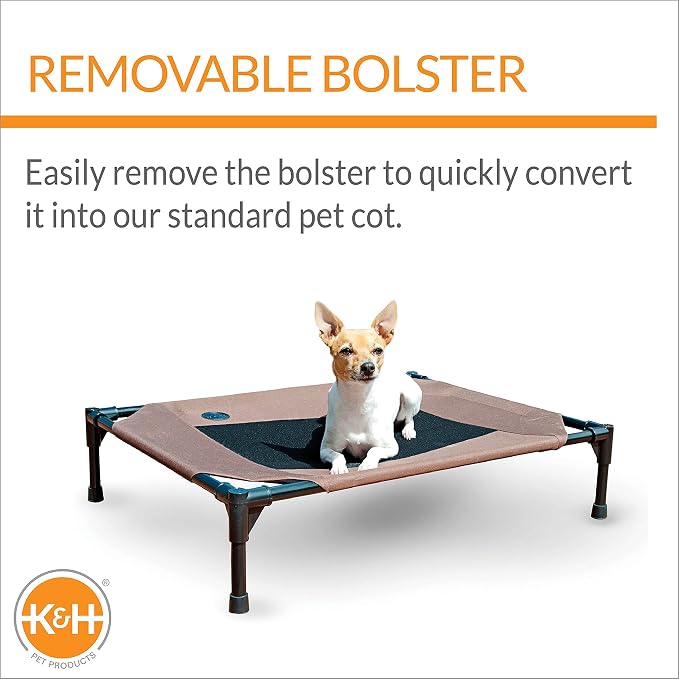 K&H Pet Products Bolster Dog Cot Cooling Indoor/Outdoor Elevated Dog Bed Hammock with Removable Bolster, Washable Mesh Cover, Raised Camping Bed for Medium Pets - Chocolate Medium 32" X 25"