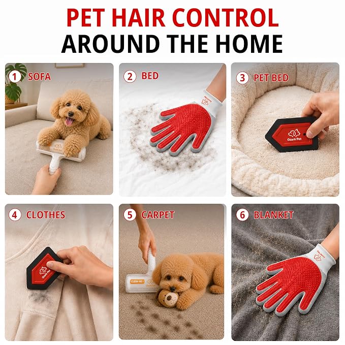 4-in-1 Pet Care & Pet Hair Control System for Dogs & Cats – Deshedding Tool, Pet Hair Remover, Grooming Glove & Detail Cleaner for Furniture Couch Carpet Home & Car (Red, Combo 4-in1 Large)