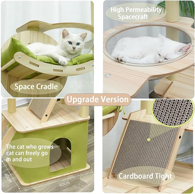 59.1-Inch-Green Cat Tree for Indoor Cats Large Adult, with Cat Condos,Cat Scratchers,Cat Hammock,Space Capsule, Plush Jumping Platform,Hanging Ball,Cat Trees for Indoor Cats(Green/Log Color)