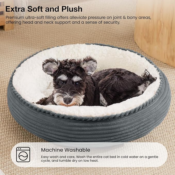 Love's cabin Round Donut Cat and Dog Cushion Bed, 24in Pet Bed for Small or Medium Dogs, Anti-Slip & Water-Resistant Bottom, Soft Durable Fabric Pet Beds, Washable Calming Cat Bed Bluish Grey