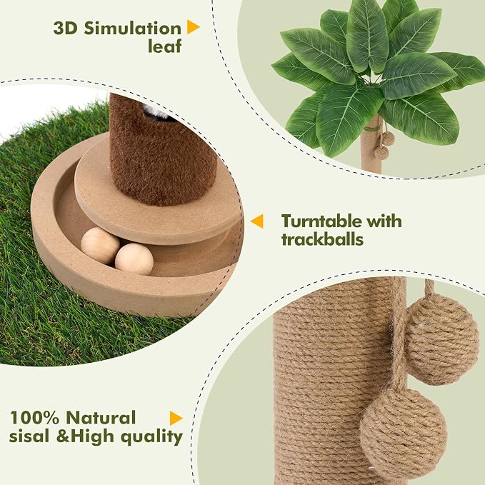 35" Tall Cat Scratching Post, Sisal Cat Scratcher Tree with Leaves,Interactive Cat Toys for Inddor Cats and Kitten