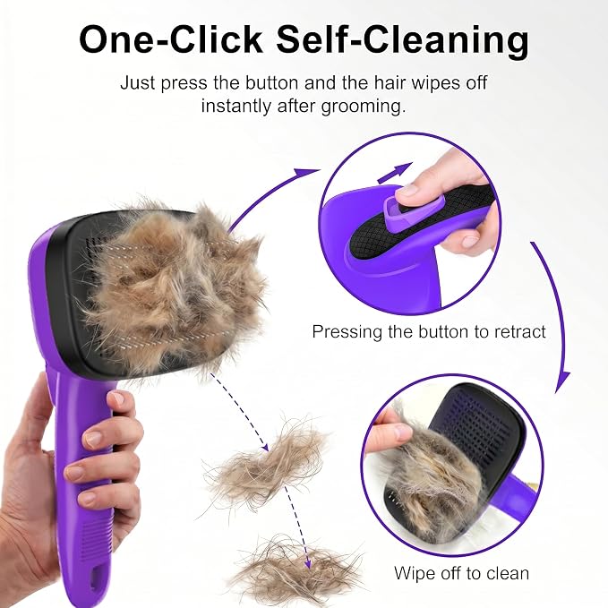 Self Cleaning Slicker Brush for Dog and Cat Shedding, Purple | Skin Friendly Deshedding Brush for Short or Long Haired Dogs & Cats, One-Click Retractable for Easy Cleaning Flying Hair