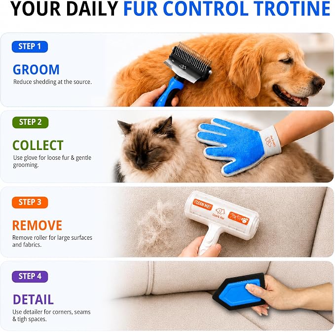 Ozark 4-in-1 Pet Care & Pet Hair Control System for Dogs & Cats – Deshedding Tool, Pet Hair Remover, Grooming Glove, Detail Cleaner for Furniture, Couch, Carpet, Home & Car (Blue, Combo 4-in-1 Large)