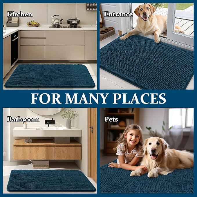 OLANLY Dog Door Mat for Muddy Paws 59x35, Super Absorbent Chenille Mud Mat | Atlantic Blue, Absorbs Moisture and Dirt, Non-Slip Machine Washable Doormat, Quick-Dry Indoor Entryway Floor Carpet for Dogs