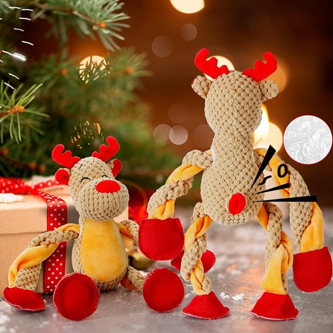 Senneny Christmas Dog Toys, Squeaky Reindeer Plush with Ropes for Tug of War, Durable Interactive Chew Toys for Puppy Small Medium Large Dogs