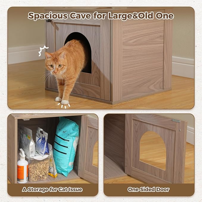PEQULTI 57.5" Cat Tree with Litter Box Enclosure Large, Wood Cat Tower for Indoor Cats with Storage Cabinet and Cozy Cat Condo, Sisal Covered Scratching Post and Replaceable Dangling Balls, Grey