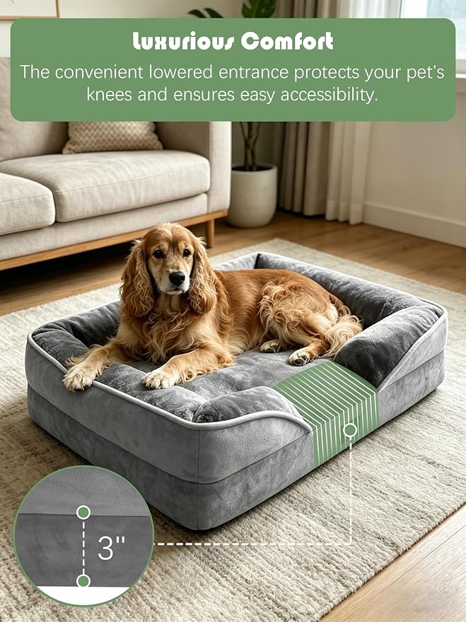 Spotted Play Orthopedic Dog Bed with Sides - Dog Sofa Beds for Large Dogs, Supportive Foam Pet Couch Bed with Washable Removable Cover, Waterproof Lining and Non-Slip Bottom, Grey - L
