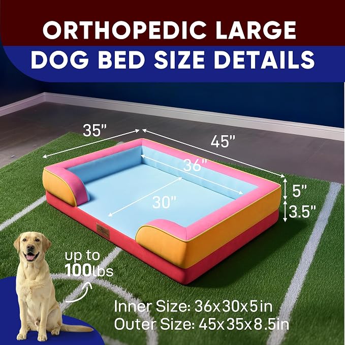 Comfort Expression Orthopedic Dog Bed for Extra Large Dogs with Bolster | Waterproof Dog Couch Bed with Washable Cover & Non-Slip Bottom, Supportive Egg Crate Foam XL Pet Bed, 45x35 Inch