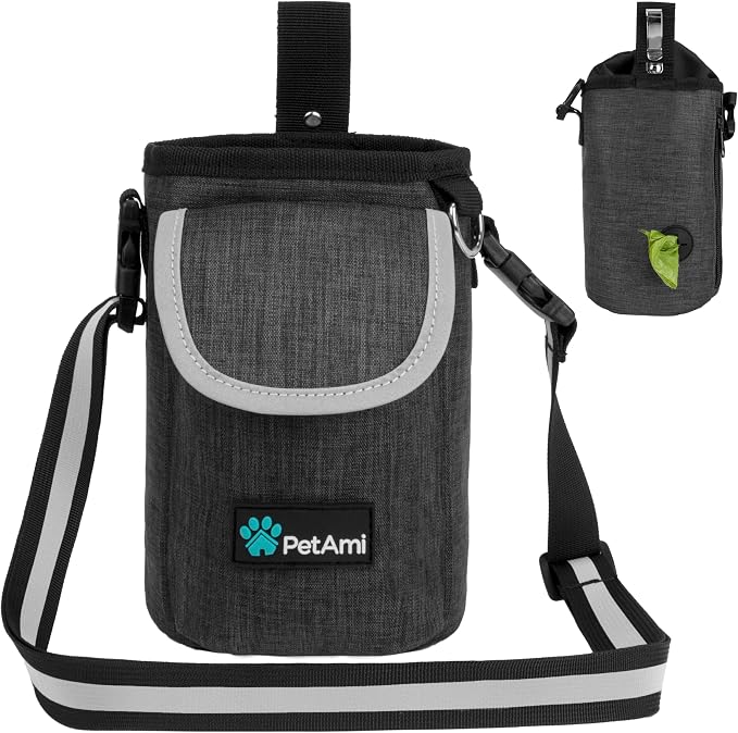 PetAmi Dog Treat Pouch, Large Hands-Free Training Bag, Charcoal | Built-In Poop Bag Dispenser, Holds 3 Cups Of Treats, 4 Ways to Wear, D-Ring, Reflective Strap, Dog Treat Bag for Walking