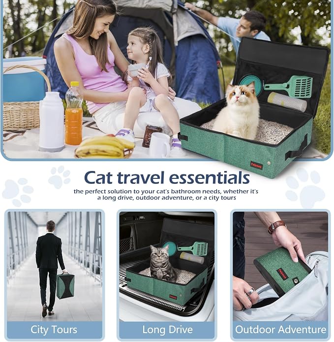 Portable Cat Travel Litter Box. Zipped Lid, Collapsible Litter Box for Cats. No Leakage, No Smell. Easy to Carry. Used for Hotels, Camping, Car (Green,L)