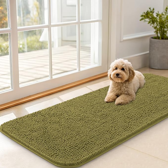 OLANLY Dog Door Mat for Muddy Paws 47x20, Super Absorbent Chenille Mud Mat | Willow Green, Absorbs Moisture and Dirt, Non-Slip Machine Washable Doormat, Quick-Dry Indoor Entryway Floor Carpet for Dogs