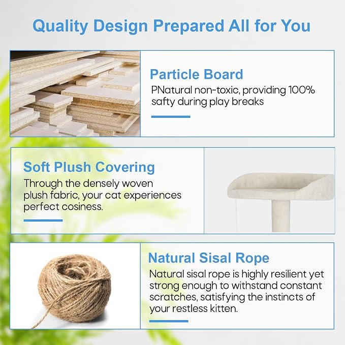 FDW | 62" Cat Tree Tower | Beige | Multi-Level Indoor Activity Center with Sisal Scratching Posts, Condos, Plush Perches, Hanging Cat Toys | Sturdy, Easy to Assemble | for Kittens & Adult Cats