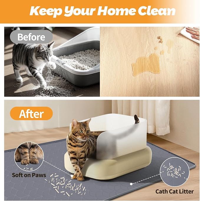Cat Litter Mat for Litter Box 34"x22" Large Silicone Mat, Dark Grey | Waterproof Non-Slip Litter Box Mat with Raised Edges, Cat Litter Trapping Mat for Pet, Cat Litter Rug for Floor