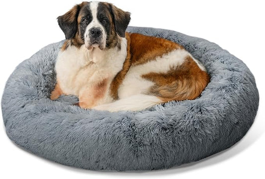 Best Friends by Sheri The Original Calming Donut Dog Bed for Extra-Large Dogs up to 150 lbs, Shag Faux Fur, Gray, 45" x 45"