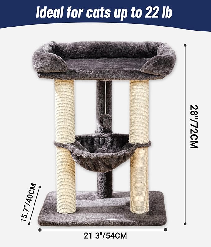 Happi N Pets 28" Cat Tree, Large Bed for Big Cats, Small Cat Tower with Soft Perch for Window Viewing, Stable Cat Tree Tower, Cat Scratching Post with Hammock, Removable Cover-Gray
