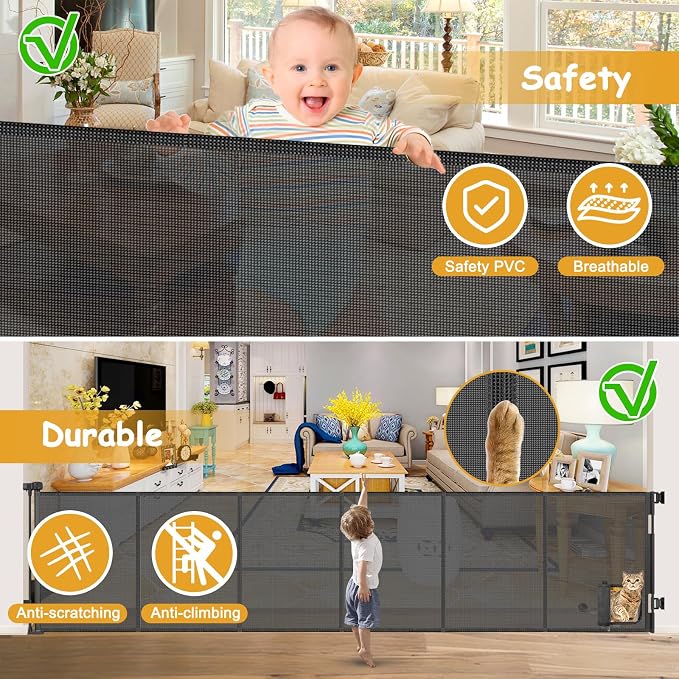 Reinforced 150” Extra Wide Retractable Baby Gate with Cat Door 12.5ft Outdoor Pet Gates for Wide Openings 37 Inch Tall Retractable Dog Gates for Doorways Long Pet Gate Indoor with Cat Door, Black