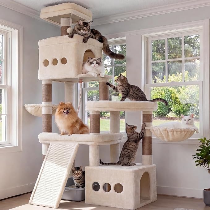 Heybly Cat Tree 72.4-Inch Anti-Tip Cat Tower with Spacious Perches HCT060MJ | All-in-One Cat Furniture for Large Cats, Multiple Interactive Areas, Extra-Large Sisal Scratching Board, Beige