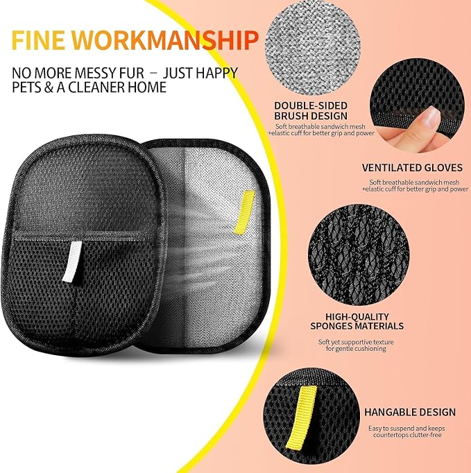 Kivori Pet Grooming Gloves, for Dogs and Cats Hair Removal Reusable Cleaning Brush Electrostatic Fur Mitts for Furniture Bedding Sofa (2PCS)