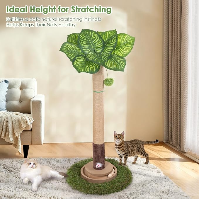Cat Scratching Post, 35 Inch Tall Cat Scratcher Cat Tree Tower with Hanging Ball for Indoor Cats Adults,Sisal Rope Kitten Scratch with Interactive Mouse Cat Toy (41in, Watermelon Leaves)