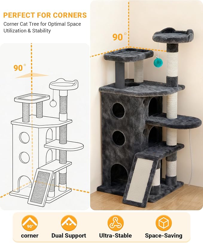 Eco-Wood Cat Tree Tower,【Top Heavy Duty】 Cat Tower for All Indoor Cats | Eco-Wood, 54” Sturdy Cat Tower Bed with 6 Scratching Posts, Scratch rope, Scratcher, 3 Enlarged Cat Condos, Jumping Perches