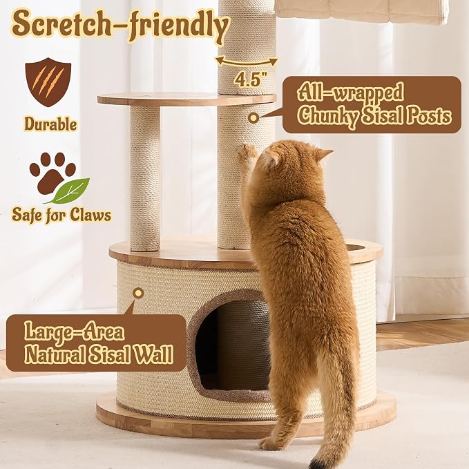 64.2" Solid Wood Cat Tree Tower for Indoor Cats, Multi-Level Modern Cat Furniture with 20" Condo, Interchangeable Hammock & Capsule Bed, Chunky Scratching Posts for Active Cats up to 12 lbs