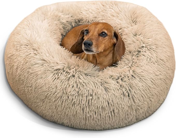Best Friends by Sheri The Original Calming Donut Dog Bed for Small Dogs up to 25 lbs, Shag Faux Fur, Taupe, 23" x 23"