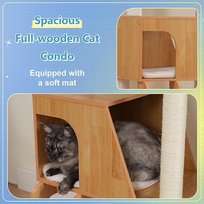 Hey-brother Wooden Cat Tree, Furniture Tower with Large Platforms, MPJ121WB | 69.7 inch, Modern Full Sisal Scratching Posts, Hammocks, Spacious Condo, Ladder, Brush, Water Proof Surface, Walnut