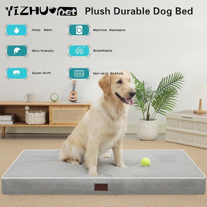 Orthopedic Dog Bed,Large XXL Sized Dog 47''X29''x4'' Soft Waterproof Egg Foam Pet Crate Beds Mat or Kennel Pads with Removable Washable Cover,Non-Slip Bottom,Light Grey