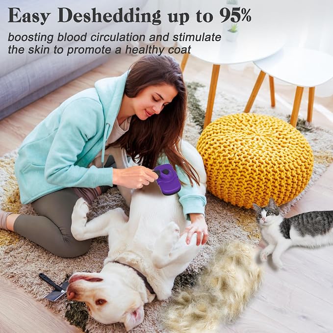 Dipoo Self Cleaning Cat & Dog Grooming Brush - Skin Friendly Deshedding Hair Brush for Haired Dogs & Puppies, Purple