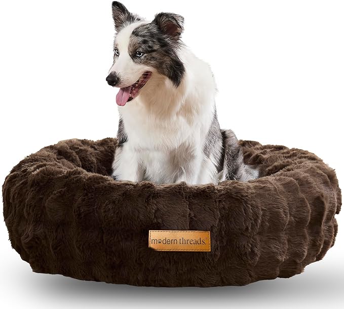 Modern Threads Calming Donut Dog Bed for Medium Dogs, Plush Round Faux Fur Pet Bed with Raised Bolster, Soft Washable Dog Bed, 30x30x9, Chocolate Brown