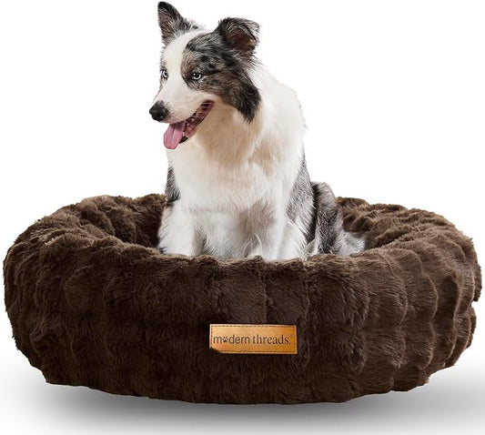 Modern Threads Calming Donut Dog Bed for Medium Dogs, Plush Round Faux Fur Pet Bed with Raised Bolster, Soft Washable Dog Bed, 30x30x9, Chocolate Brown