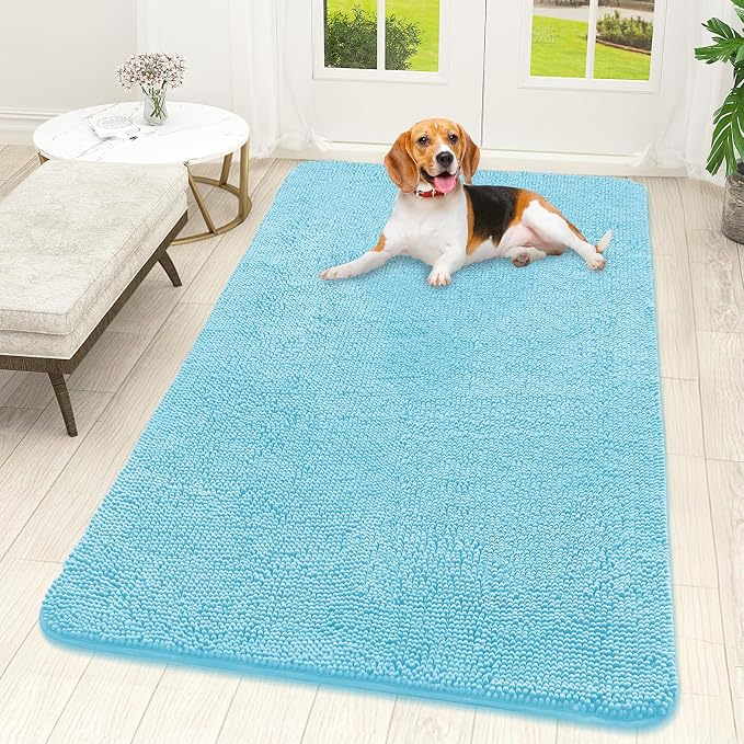 OLANLY Dog Door Mat for Muddy Paws 59x32, Super Absorbent Chenille Mud Mat | Blue, Absorbs Moisture and Dirt, Non-Slip Machine Washable Doormat, Quick-Drying Indoor Entryway Floor Carpet for Dogs