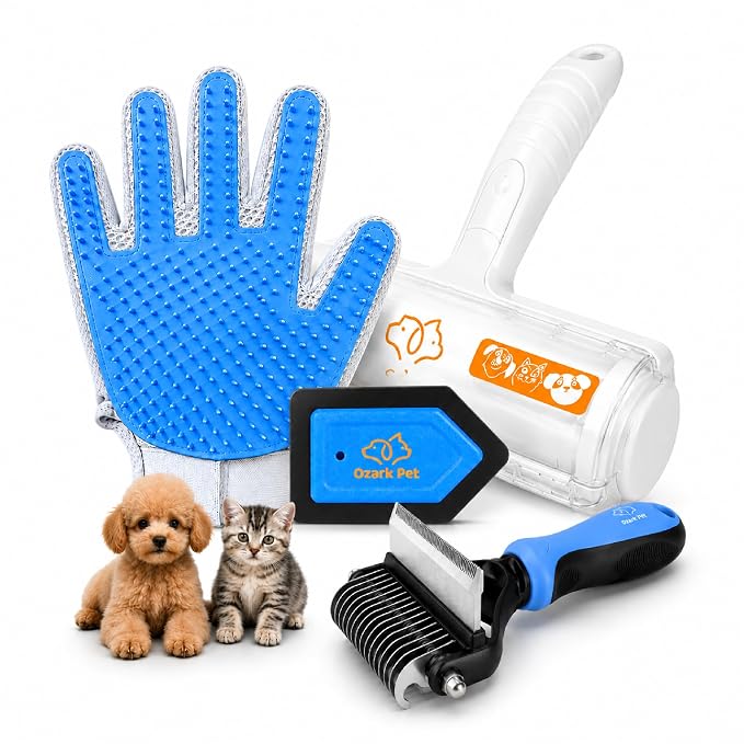 4-in-1 Pet Care & Pet Hair Control System for Dogs & Cats – Deshedding Tool, Pet Hair Remover, Grooming Glove & Detail Cleaner for Furniture Couch Carpet Home & Car (Blue, Combo 4-in1 Small)
