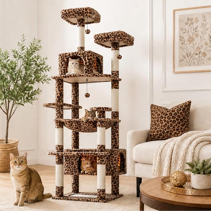 PAWZ Road 72" Leopard Tall Cat Tree for Large Cats with Condo & Sisal Posts | leopard plush cat tower, dual condos&perches for indoor large cats, 16"x16" large hammock,8 sisal posts&bottom scratcher