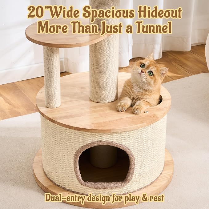 64.2" Solid Wood Cat Tree Tower for Indoor Cats, Multi-Level Modern Cat Furniture with 20" Condo, Interchangeable Hammock & Capsule Bed, Chunky Scratching Posts for Active Cats up to 12 lbs