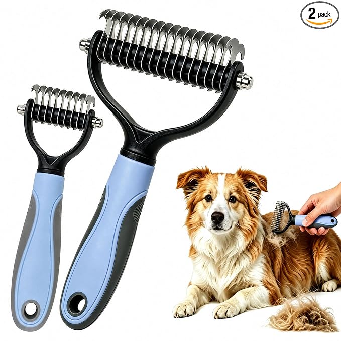 Pet Grooming Brush - Double-Sided Dematting Comb & Deshedding Tool for Dogs and Cats, Effortless Hair Removal, Ideal for Long-Haired Breeds, Reduce Shedding (2, Blue, Small+Large)