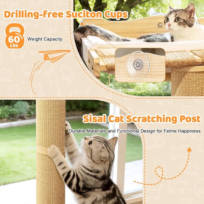 Cat Window Perch Hammock with 3-Piece Detachable Roman Column Sisal Scratching Posts, White Fluffy Cusion, Drill-Free Suction Cup Mount, Extra Large for Large Cats & Maine Coons, 60 LBS Capacity