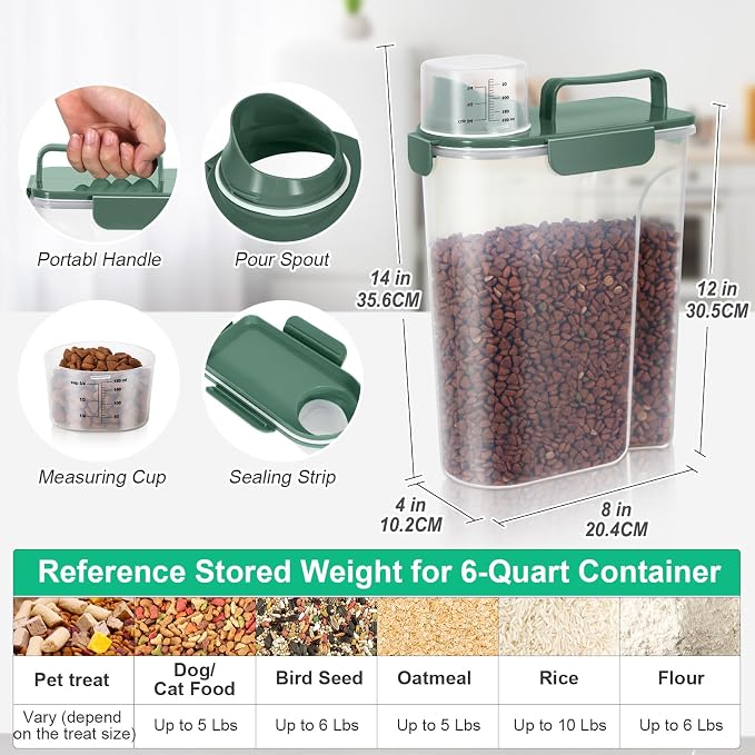 TBMax 5 Lbs Travel Dog Food Storage Container with Collapsible Dog Bowl, Airtight Pet Food Storage Dispenser with Large Spout & Measuring Cup for Kibble Dog Treat Bird Seed Container -Dark Green