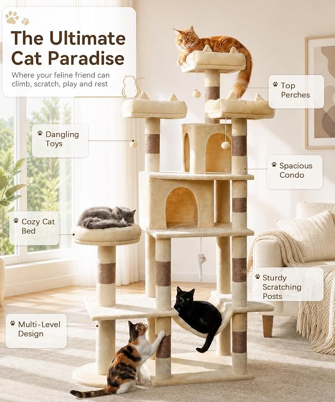 Cat Tower, 71 Inch Heavy Duty Cat Tree for Large Cats | Tall Multi-Level Cat Tree Tower with Extended Base, 2 Condos, 3 Perches, 9 Sisal Posts & Hammock for Indoor Adult Cats, Beige