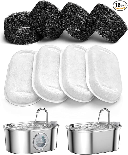 SOOFPET Stainless Steel Cat Water Fountain Filters: 8 Pack Filters (Carbon Filters + Sponge Filters) - Replacement Filters for 108oz cat Fountain
