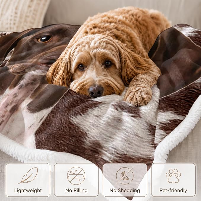BlessLiving Throw Blanket, Brown Dog Animal Gift, 50x60 Inches | sherpa fleece fabric, German Shorthaired Large Pet Blankets Puppy print, for couch or sofa, pet lovers, easy machine care
